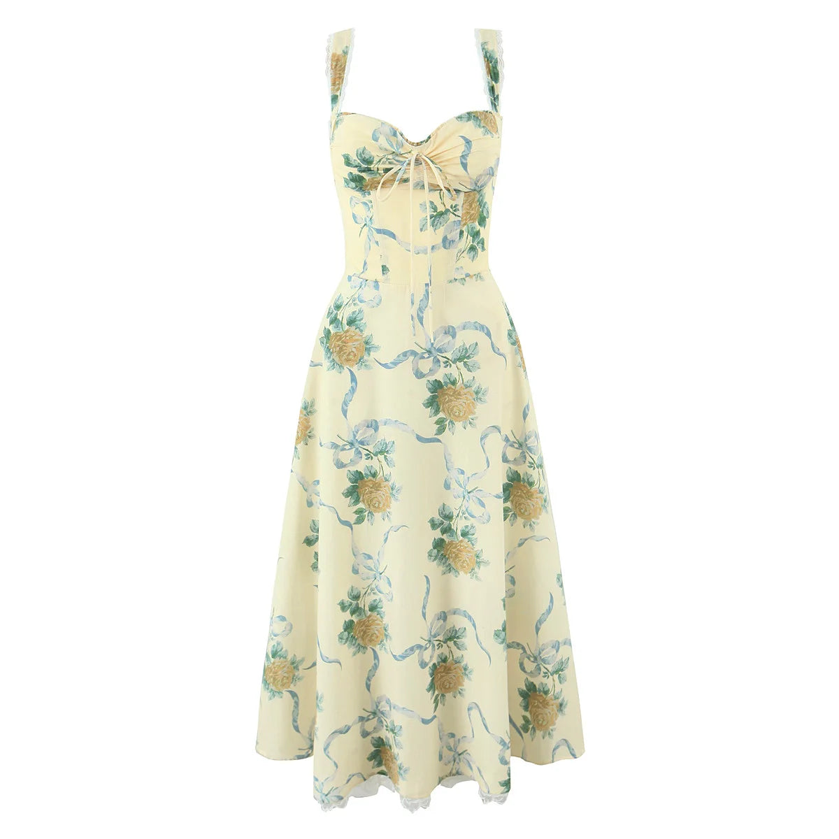 Women's Sexy Yellow Floral Midi Dress – Ruched Bow Front, Spaghetti Straps, Low Waist, Lace Lined Swing Skirt for Summer