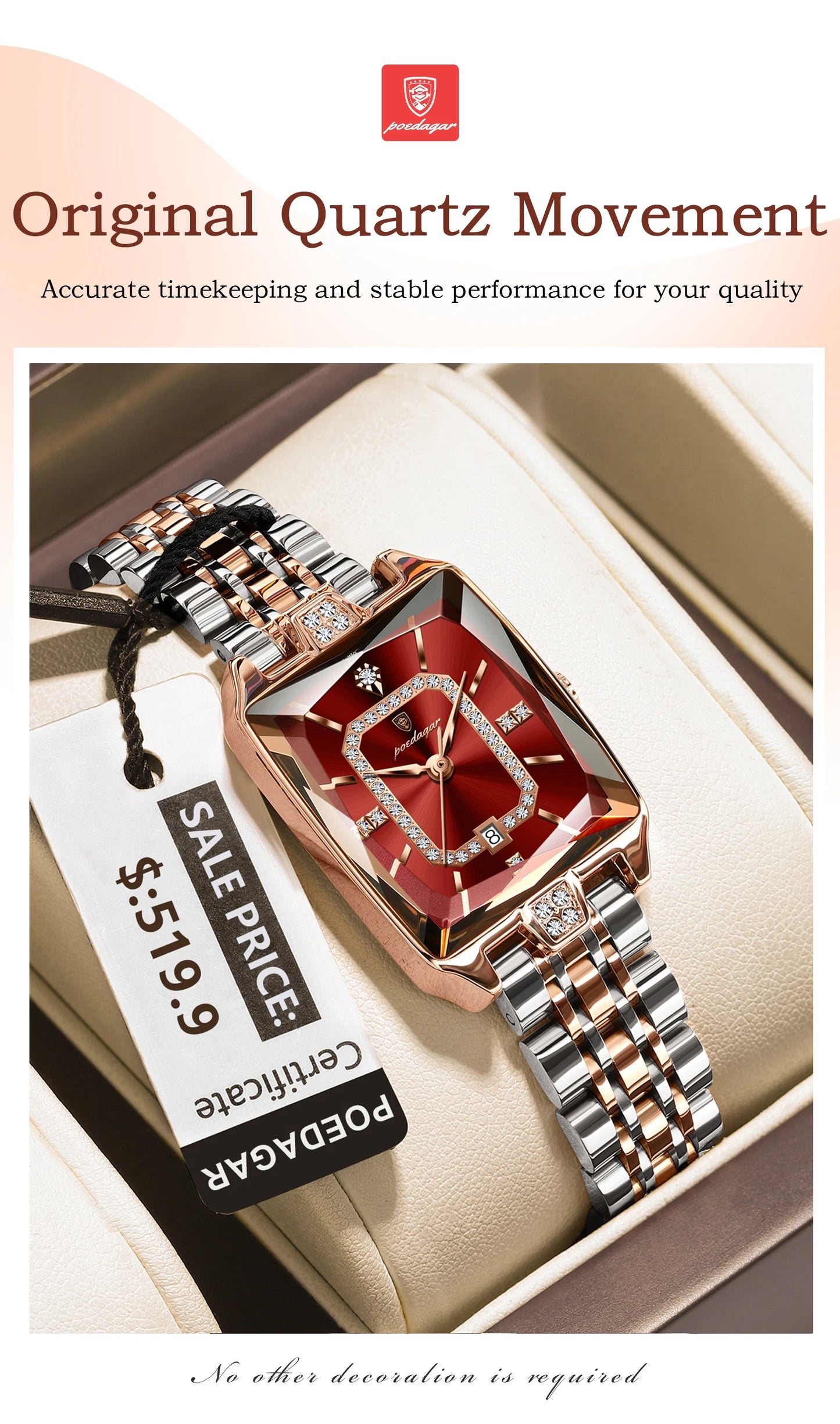 POEDAGAR Elegant Rectangle Women’s Quartz Watch – Waterproof Stainless Steel with Calendar Display
