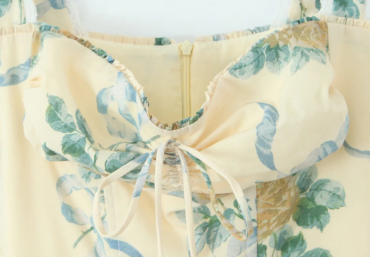Women's Sexy Yellow Floral Midi Dress – Ruched Bow Front, Spaghetti Straps, Low Waist, Lace Lined Swing Skirt for Summer