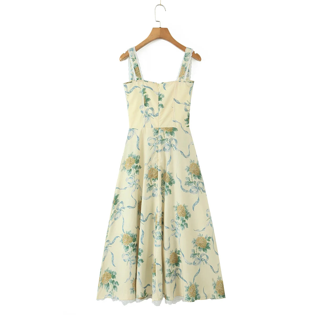 Women's Sexy Yellow Floral Midi Dress – Ruched Bow Front, Spaghetti Straps, Low Waist, Lace Lined Swing Skirt for Summer