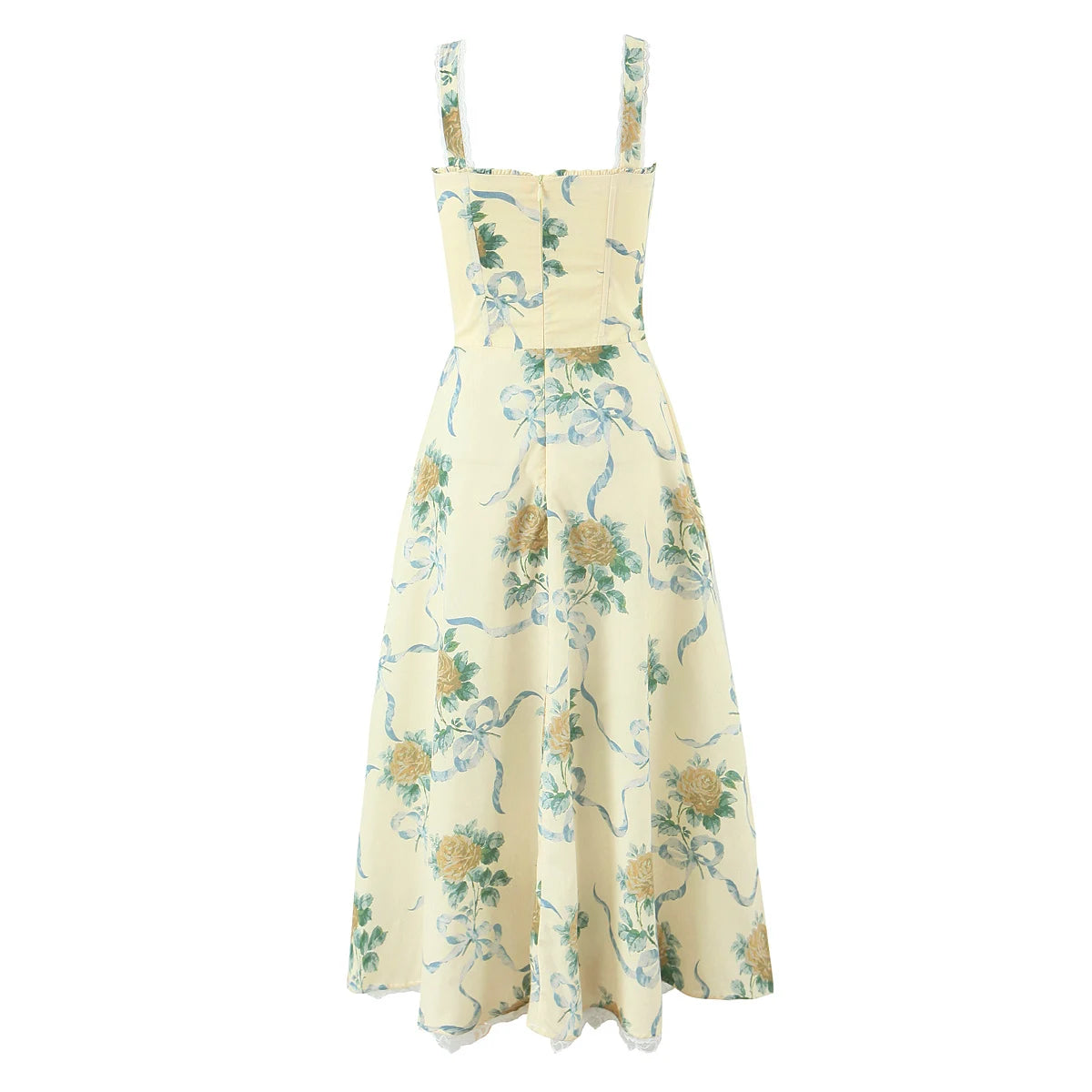 Women's Sexy Yellow Floral Midi Dress – Ruched Bow Front, Spaghetti Straps, Low Waist, Lace Lined Swing Skirt for Summer