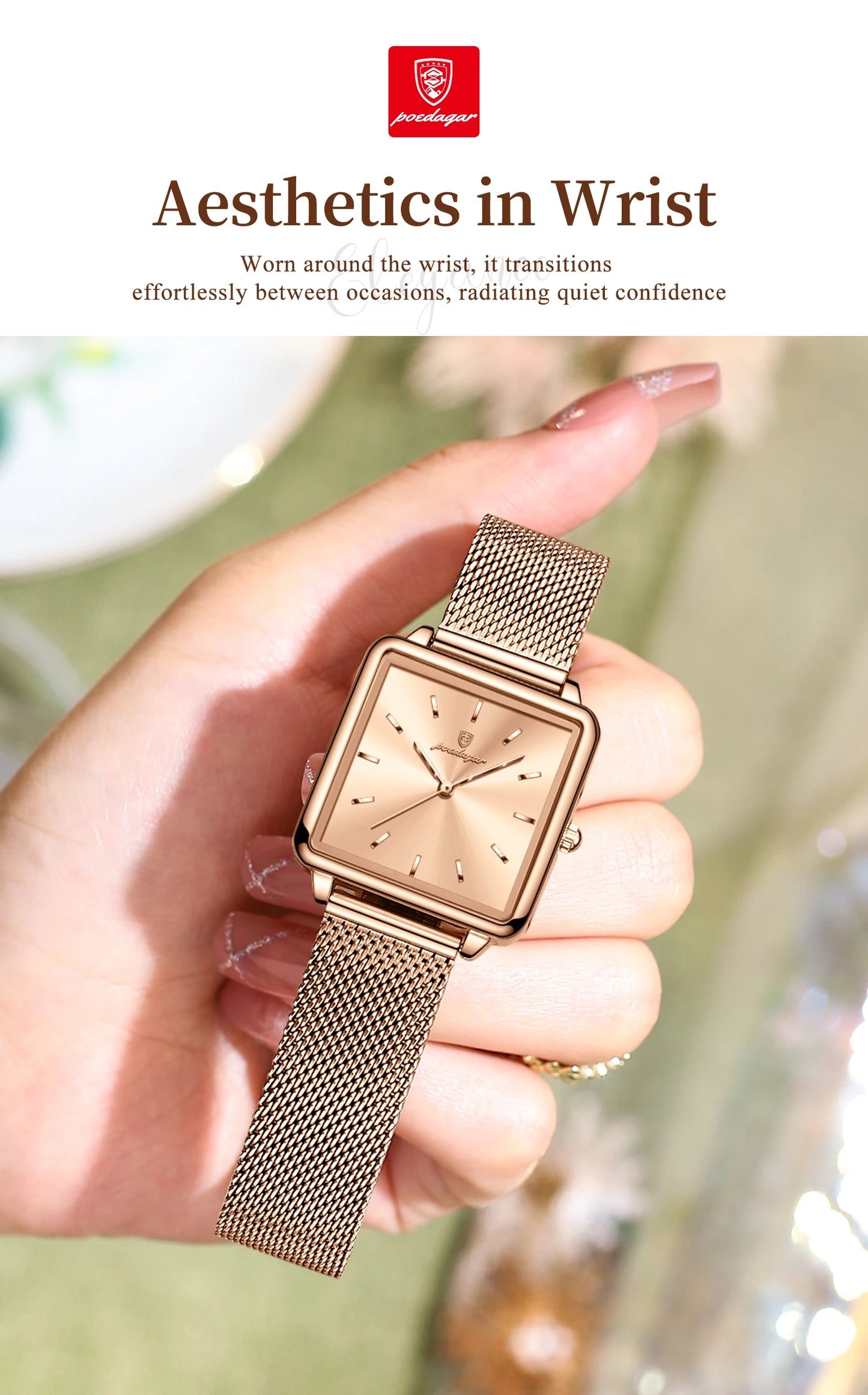 POEDAGAR Fashion Square Ladies Watch – Elegant Waterproof Stainless Steel Quartz Timepiece