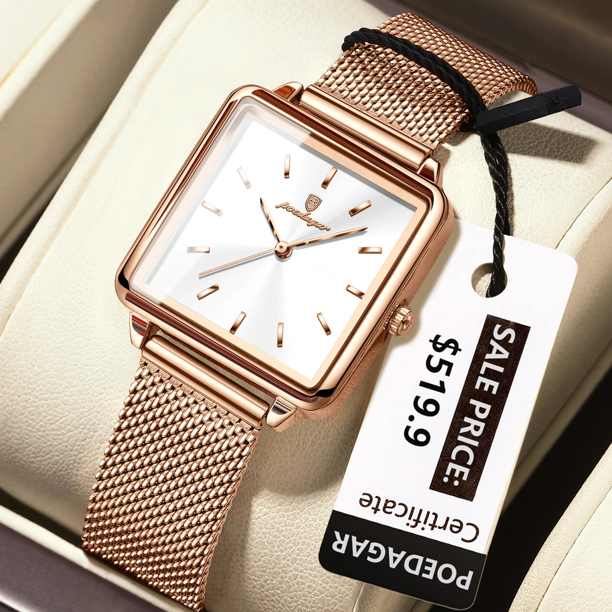 POEDAGAR Fashion Square Ladies Watch – Elegant Waterproof Stainless Steel Quartz Timepiece