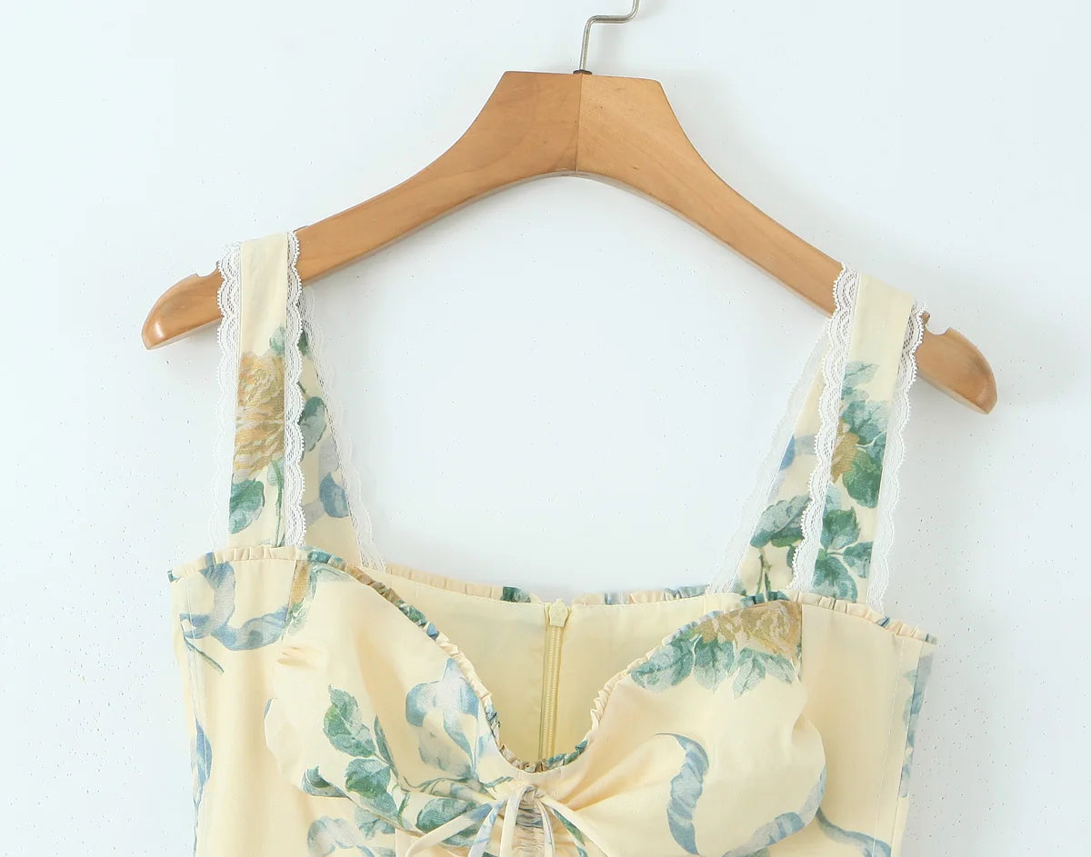 Women's Sexy Yellow Floral Midi Dress – Ruched Bow Front, Spaghetti Straps, Low Waist, Lace Lined Swing Skirt for Summer