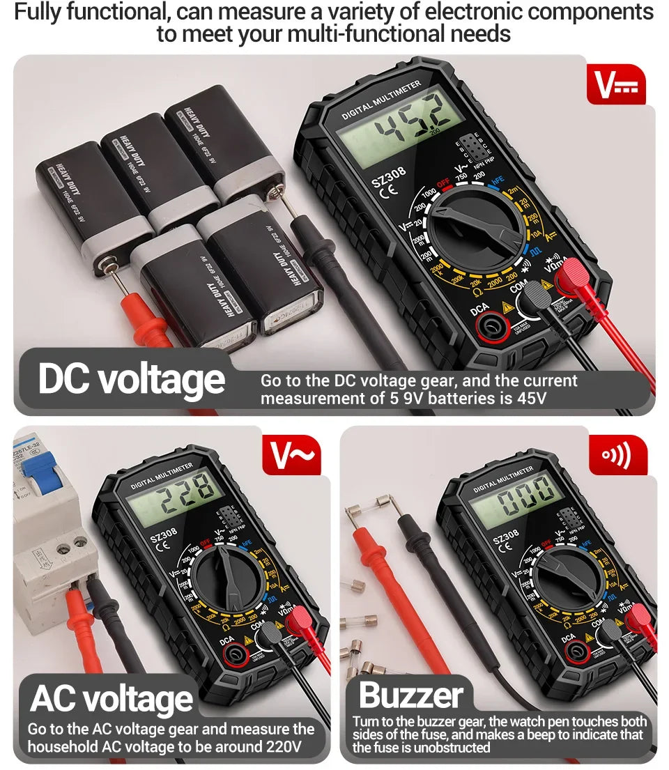 The ANENG SZ308 is a compact, user-friendly digital multimeter ideal for DIY electrical tasks
