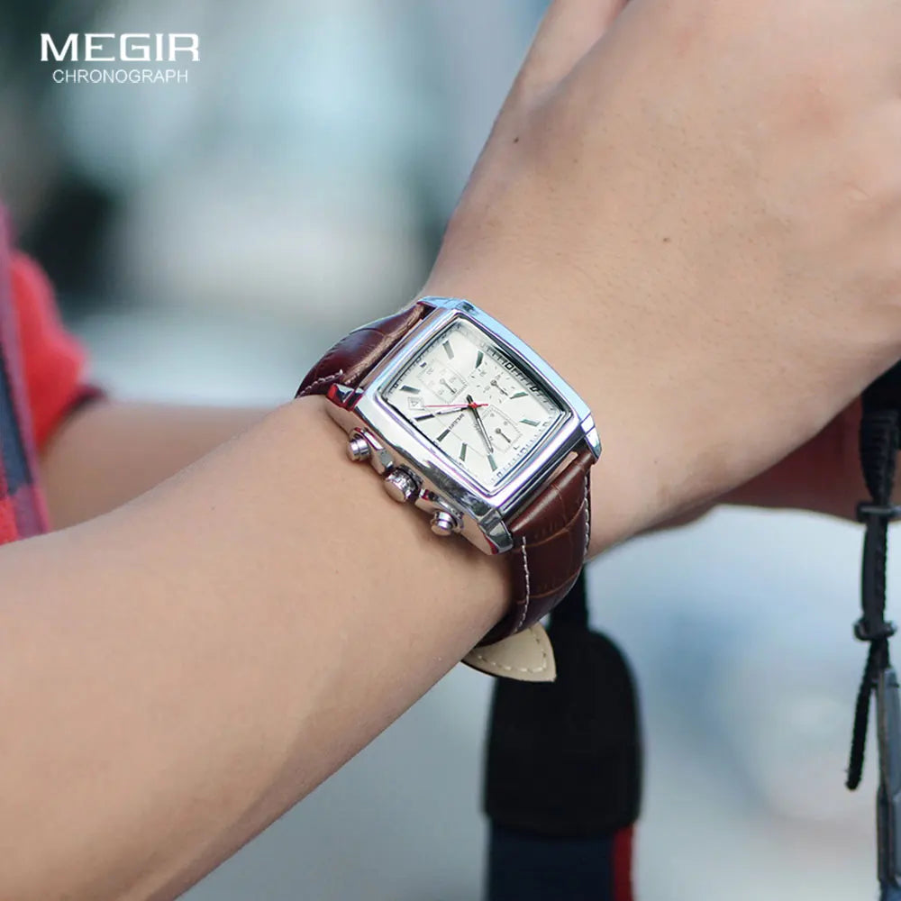 MEGIR 2 Men's Chronograph Quartz Watch – Rectangle Dial with Leather Strap for Everyday Elegance