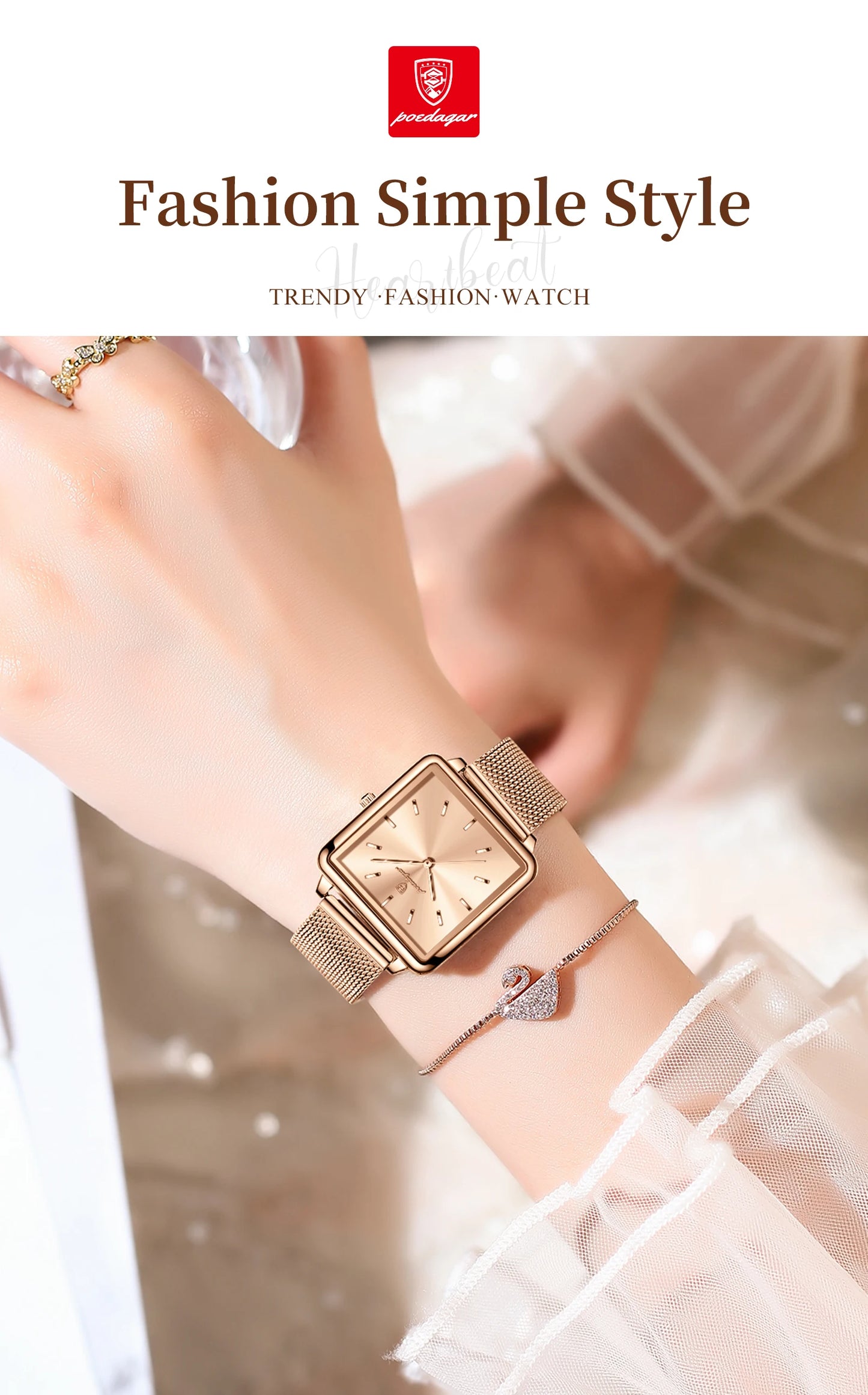 POEDAGAR Fashion Square Ladies Watch – Elegant Waterproof Stainless Steel Quartz Timepiece