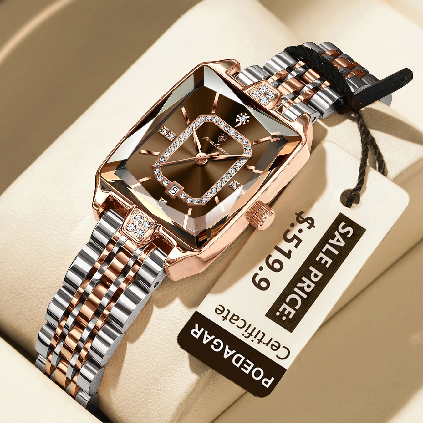 POEDAGAR Elegant Rectangle Women’s Quartz Watch – Waterproof Stainless Steel with Calendar Display