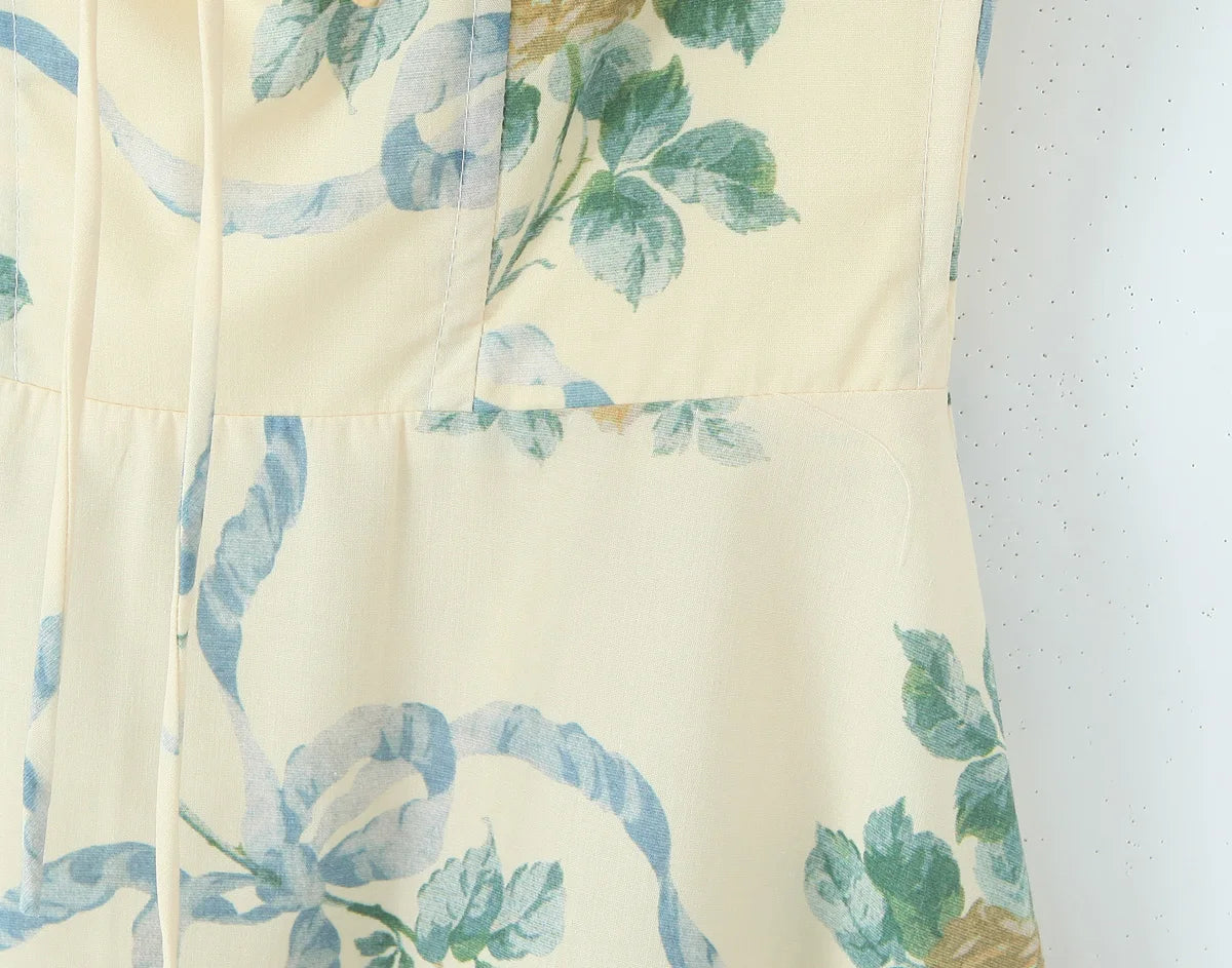Women's Sexy Yellow Floral Midi Dress – Ruched Bow Front, Spaghetti Straps, Low Waist, Lace Lined Swing Skirt for Summer