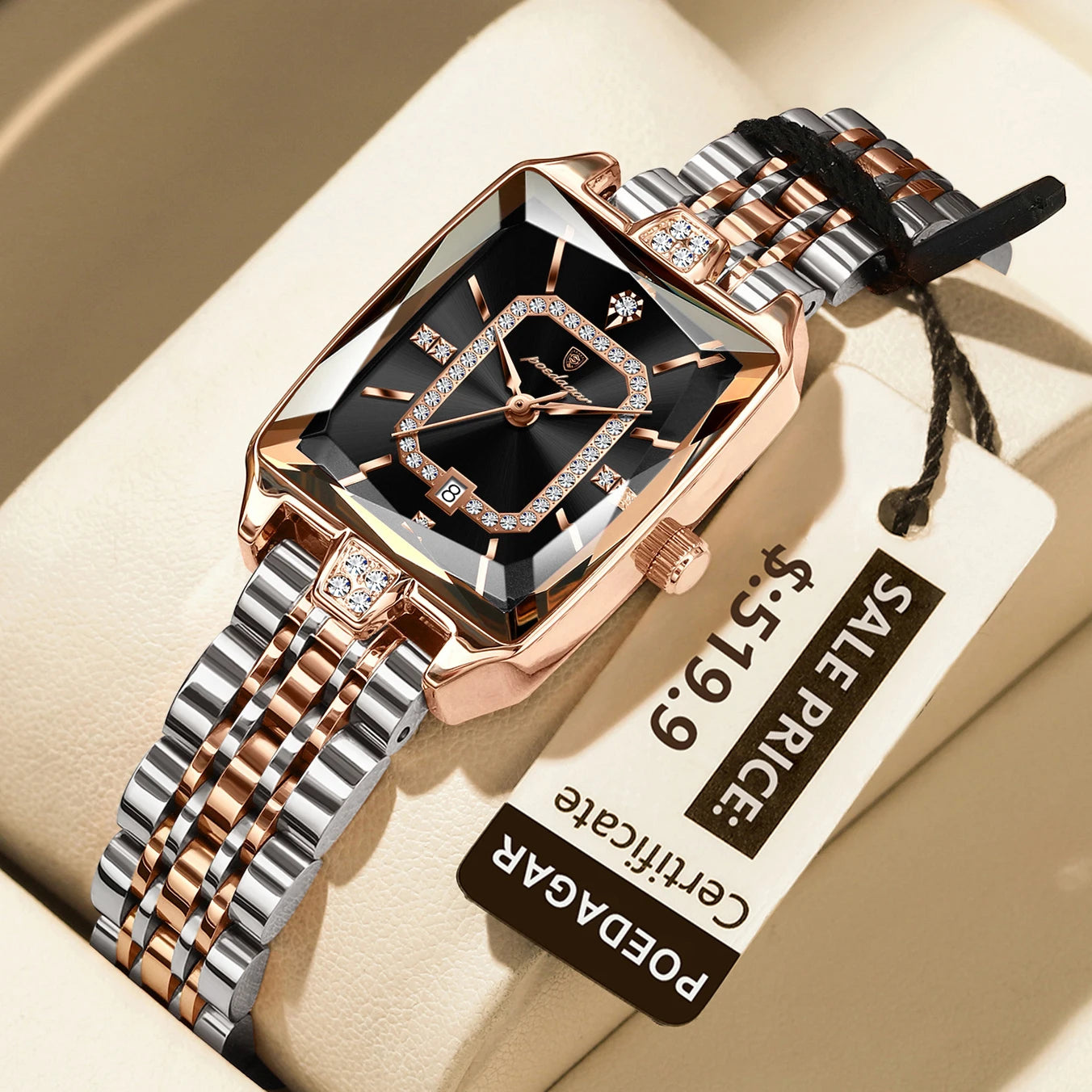 POEDAGAR Elegant Rectangle Women’s Quartz Watch – Waterproof Stainless Steel with Calendar Display