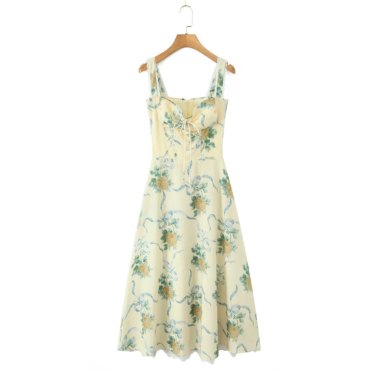 Women's Sexy Yellow Floral Midi Dress – Ruched Bow Front, Spaghetti Straps, Low Waist, Lace Lined Swing Skirt for Summer