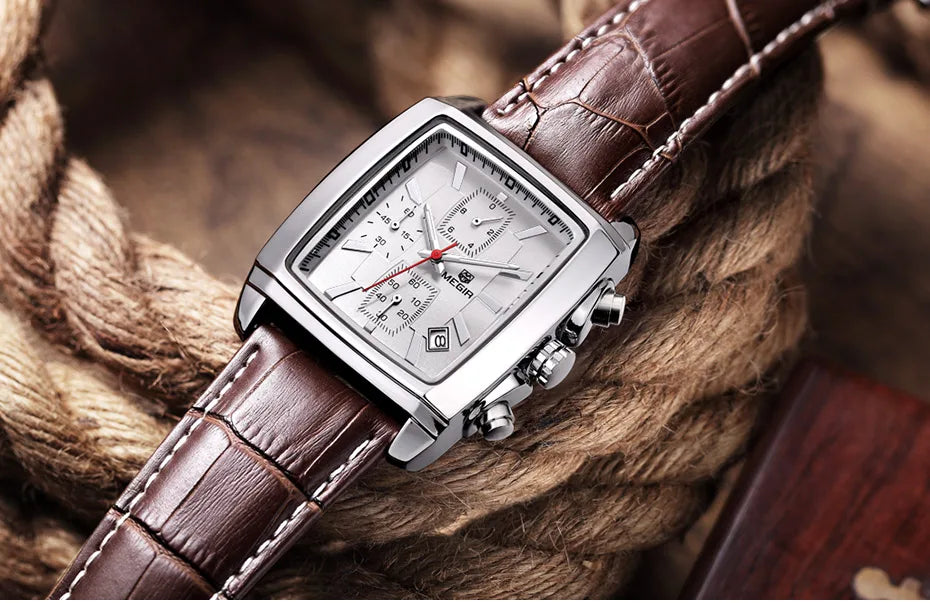 MEGIR 2 Men's Chronograph Quartz Watch – Rectangle Dial with Leather Strap for Everyday Elegance