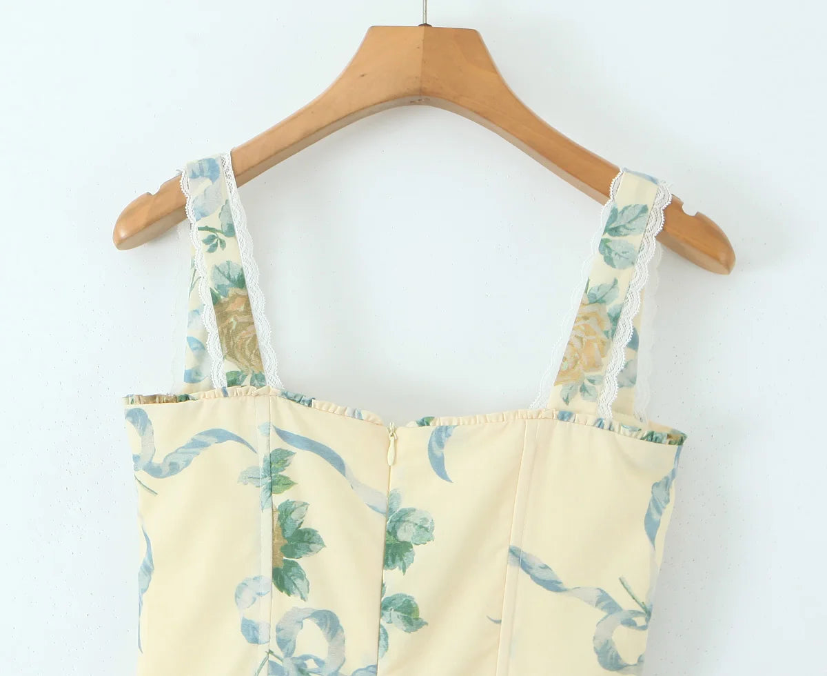 Women's Sexy Yellow Floral Midi Dress – Ruched Bow Front, Spaghetti Straps, Low Waist, Lace Lined Swing Skirt for Summer