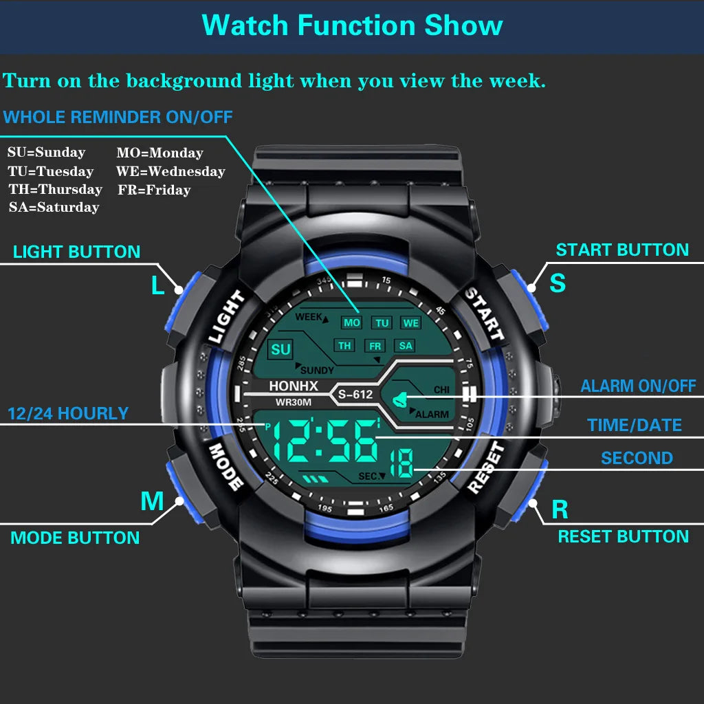 Men's Outdoor Sport Multifunction Digital Watch – Large LED Display, Waterproof & Shock Resistant