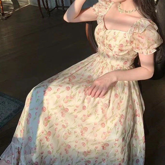 Summer 2024 Short Sleeve Floral Print Dress for Women Vintage Female High Waist Puff Sleeve Holiday Beach Dress Korean