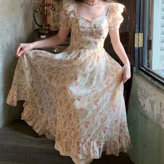 Summer 2024 Short Sleeve Floral Print Dress for Women Vintage Female High Waist Puff Sleeve Holiday Beach Dress Korean