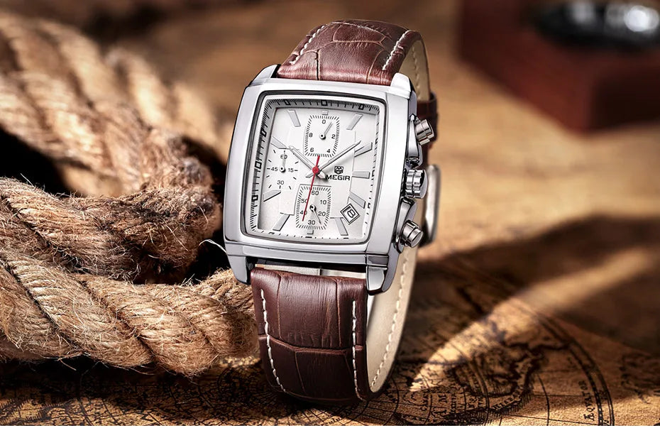 MEGIR 2 Men's Chronograph Quartz Watch – Rectangle Dial with Leather Strap for Everyday Elegance