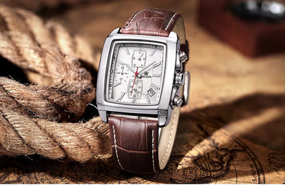 MEGIR 2 Men's Chronograph Quartz Watch – Rectangle Dial with Leather Strap for Everyday Elegance