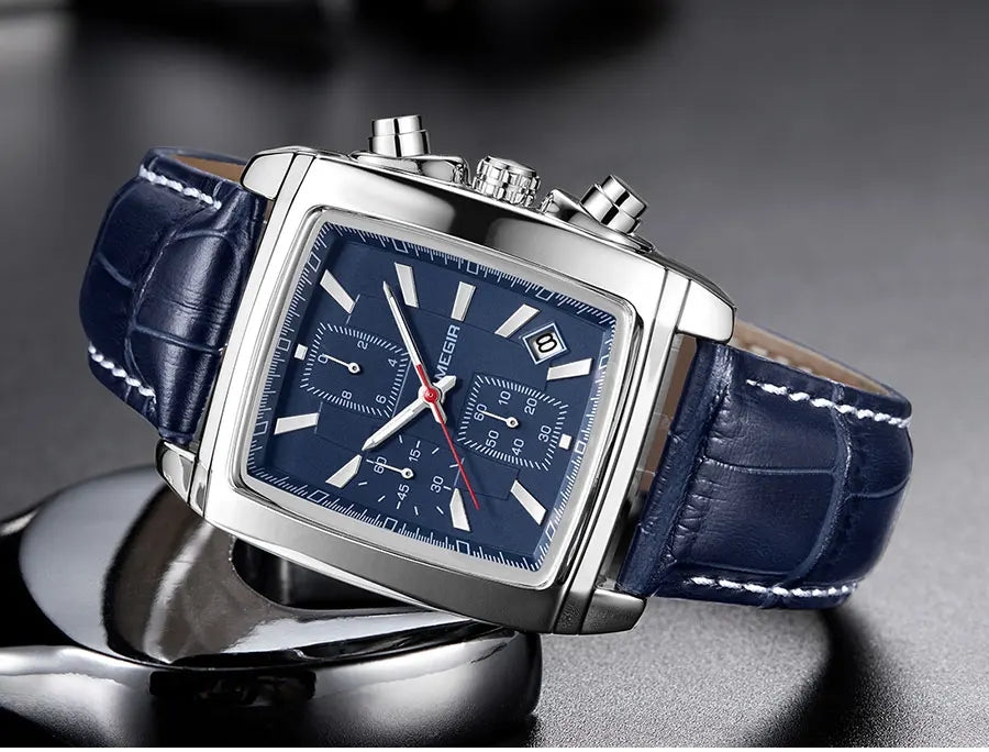 MEGIR 2 Men's Chronograph Quartz Watch – Rectangle Dial with Leather Strap for Everyday Elegance
