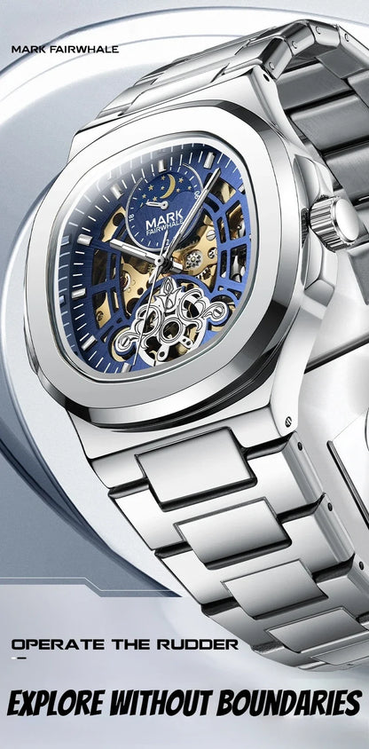 MARK FAIRWHALE Tourbillon Skeleton Automatic Watch – Luxury Business Timepiece with Moon Phase Display