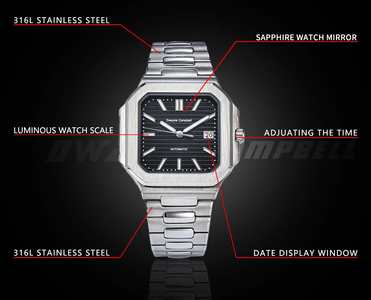 Dwayne Campbell Stainless Steel Watch Case – Designed for NH35 Movement with Sapphire Glass & Custom Logo Options