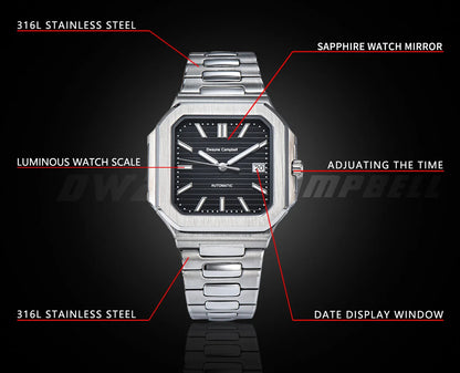 Dwayne Campbell Stainless Steel Watch Case – Designed for NH35 Movement with Sapphire Glass & Custom Logo Options
