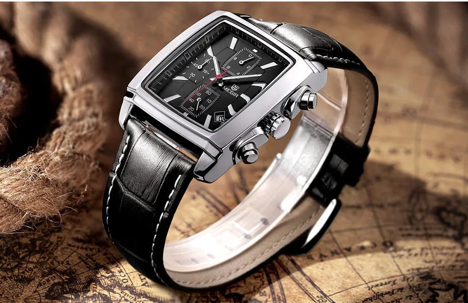 MEGIR 2 Men's Chronograph Quartz Watch – Rectangle Dial with Leather Strap for Everyday Elegance