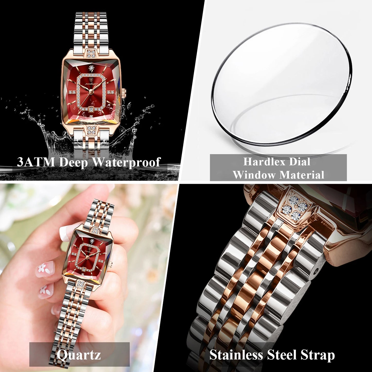 POEDAGAR Elegant Rectangle Women’s Quartz Watch – Waterproof Stainless Steel with Calendar Display