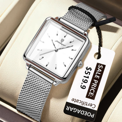 POEDAGAR Fashion Square Ladies Watch – Elegant Waterproof Stainless Steel Quartz Timepiece