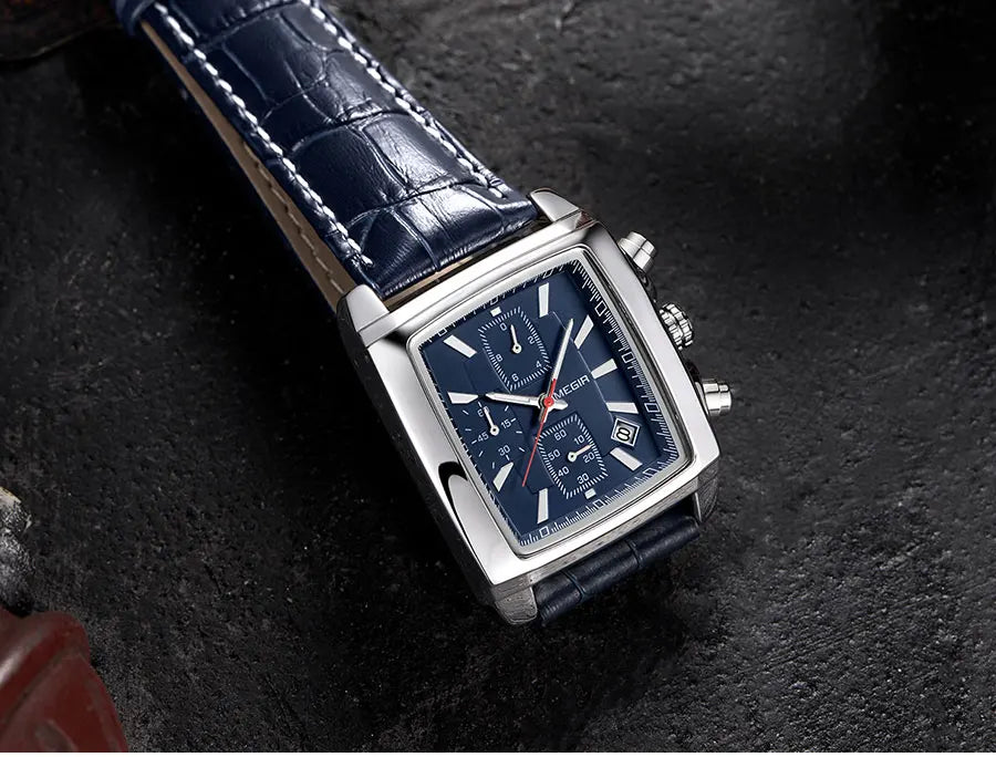 MEGIR 2 Men's Chronograph Quartz Watch – Rectangle Dial with Leather Strap for Everyday Elegance