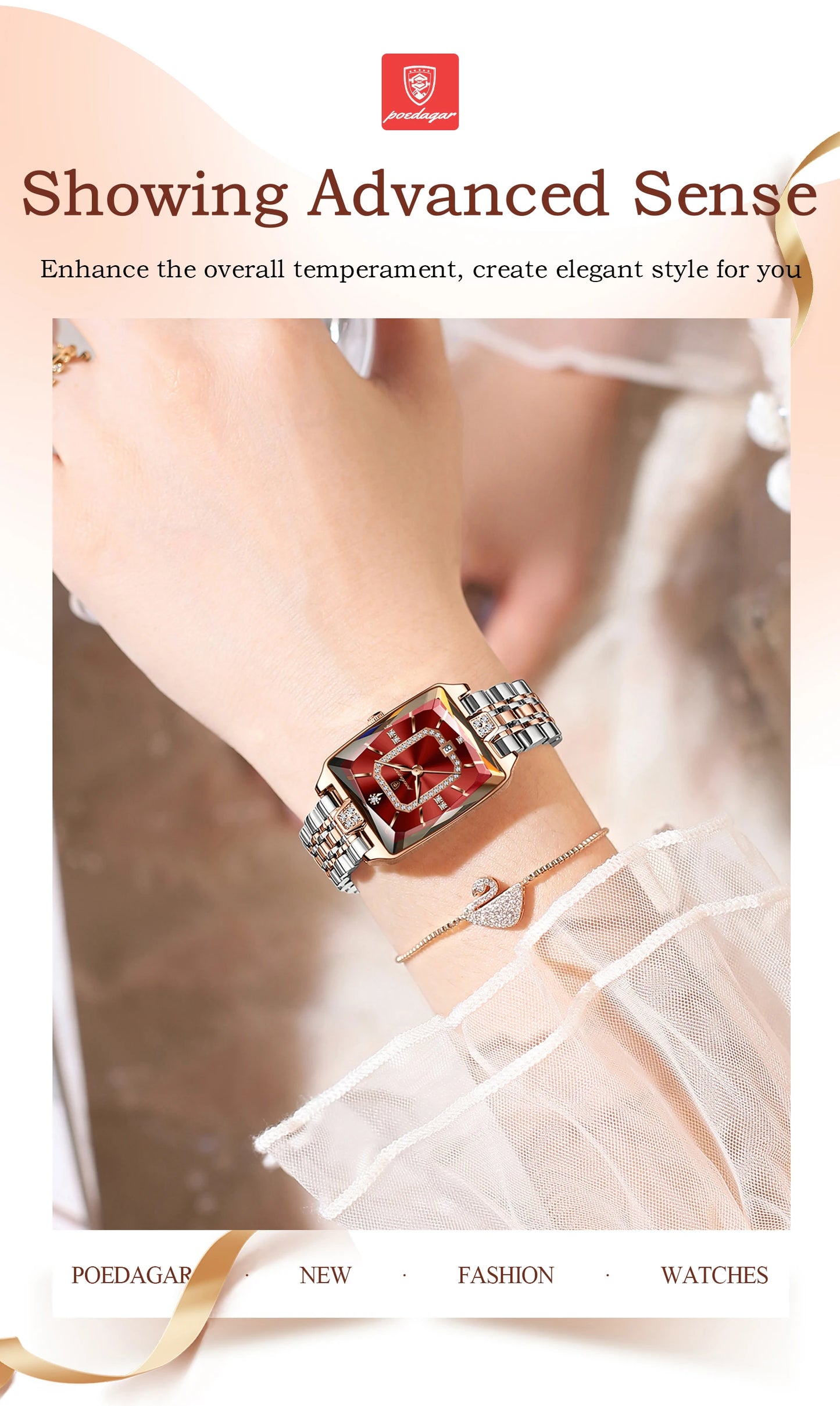 POEDAGAR Elegant Rectangle Women’s Quartz Watch – Waterproof Stainless Steel with Calendar Display