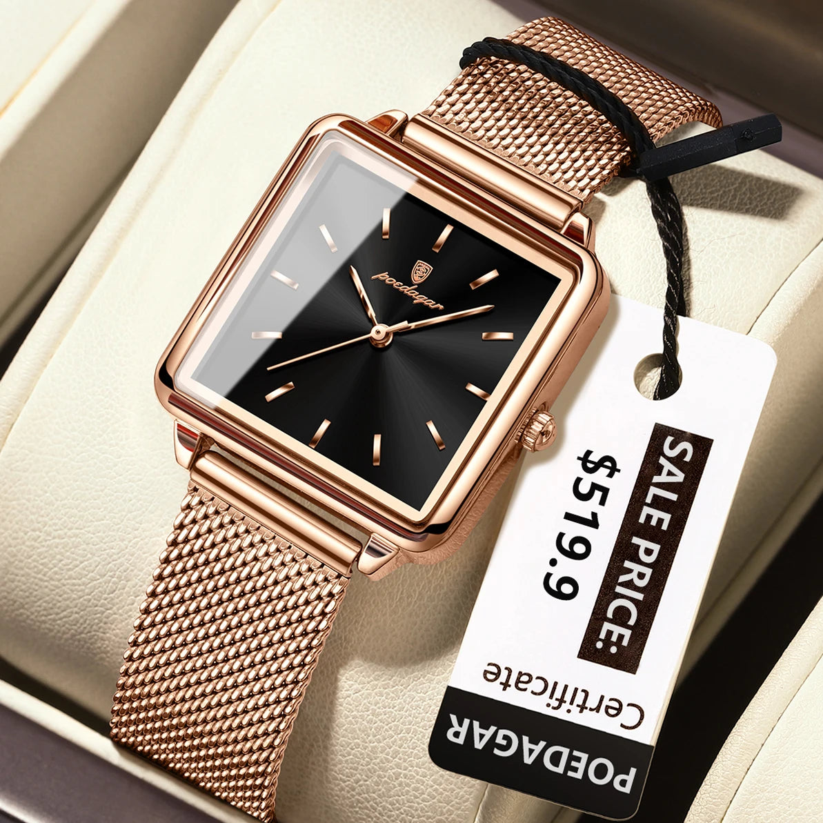 POEDAGAR Fashion Square Ladies Watch – Elegant Waterproof Stainless Steel Quartz Timepiece