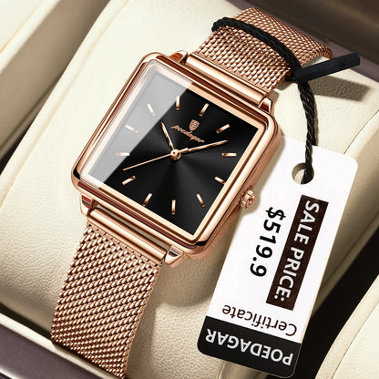 POEDAGAR Fashion Square Ladies Watch – Elegant Waterproof Stainless Steel Quartz Timepiece