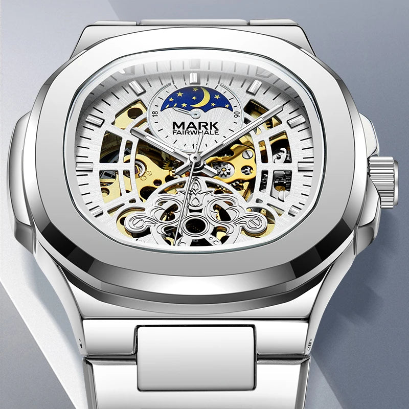MARK FAIRWHALE Tourbillon Skeleton Automatic Watch – Luxury Business Timepiece with Moon Phase Display