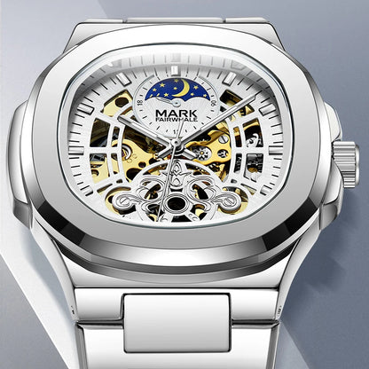 MARK FAIRWHALE Tourbillon Skeleton Automatic Watch – Luxury Business Timepiece with Moon Phase Display