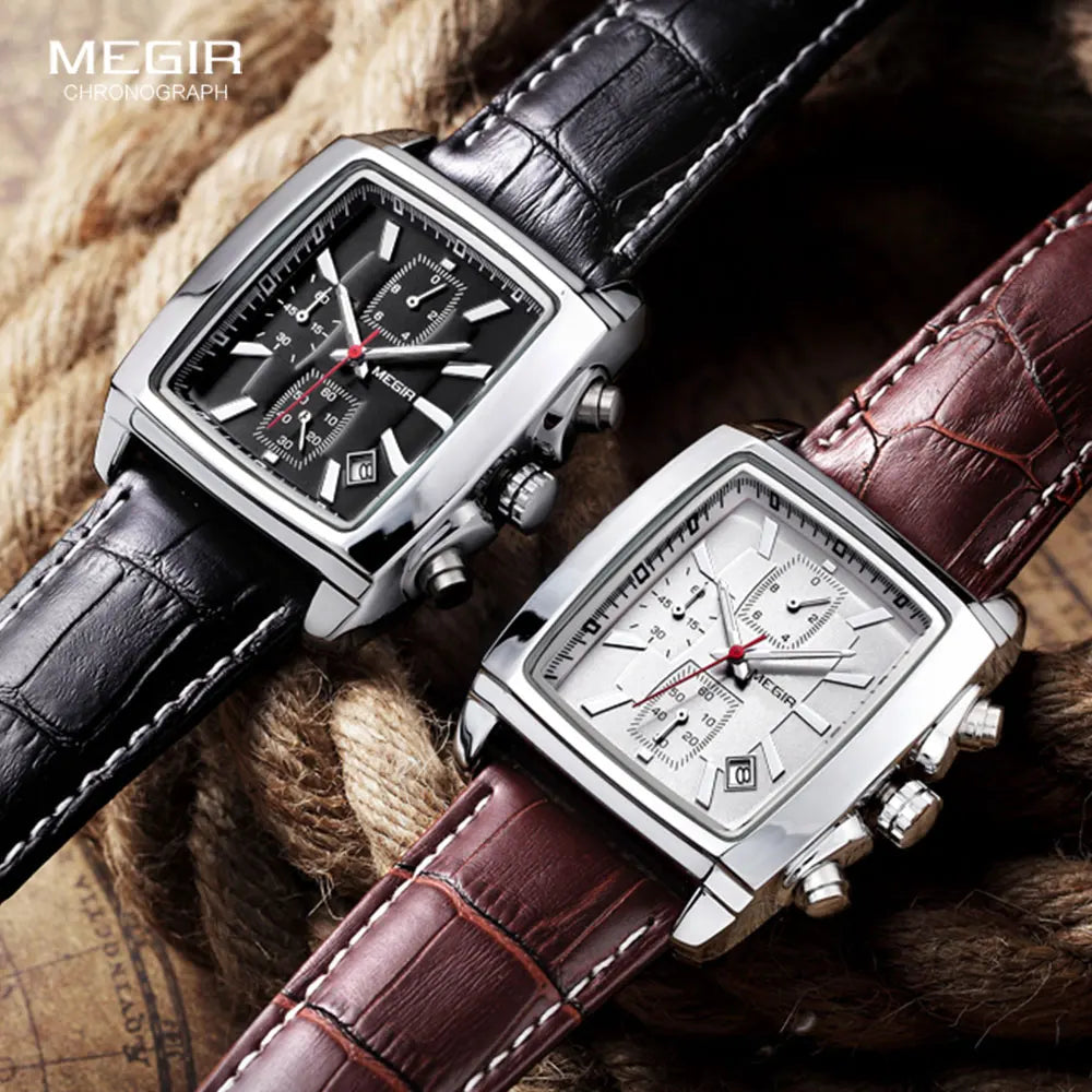 MEGIR 2 Men's Chronograph Quartz Watch – Rectangle Dial with Leather Strap for Everyday Elegance