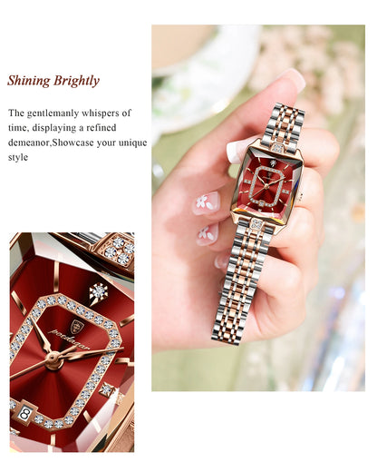 POEDAGAR Elegant Rectangle Women’s Quartz Watch – Waterproof Stainless Steel with Calendar Display