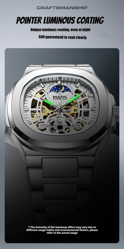 MARK FAIRWHALE Tourbillon Skeleton Automatic Watch – Luxury Business Timepiece with Moon Phase Display