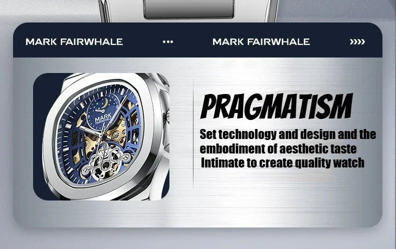 MARK FAIRWHALE Tourbillon Skeleton Automatic Watch – Luxury Business Timepiece with Moon Phase Display