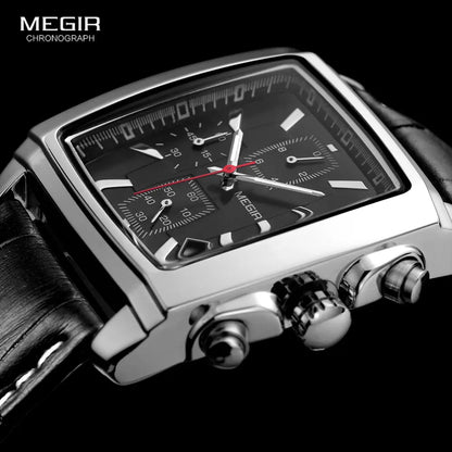 MEGIR 2 Men's Chronograph Quartz Watch – Rectangle Dial with Leather Strap for Everyday Elegance