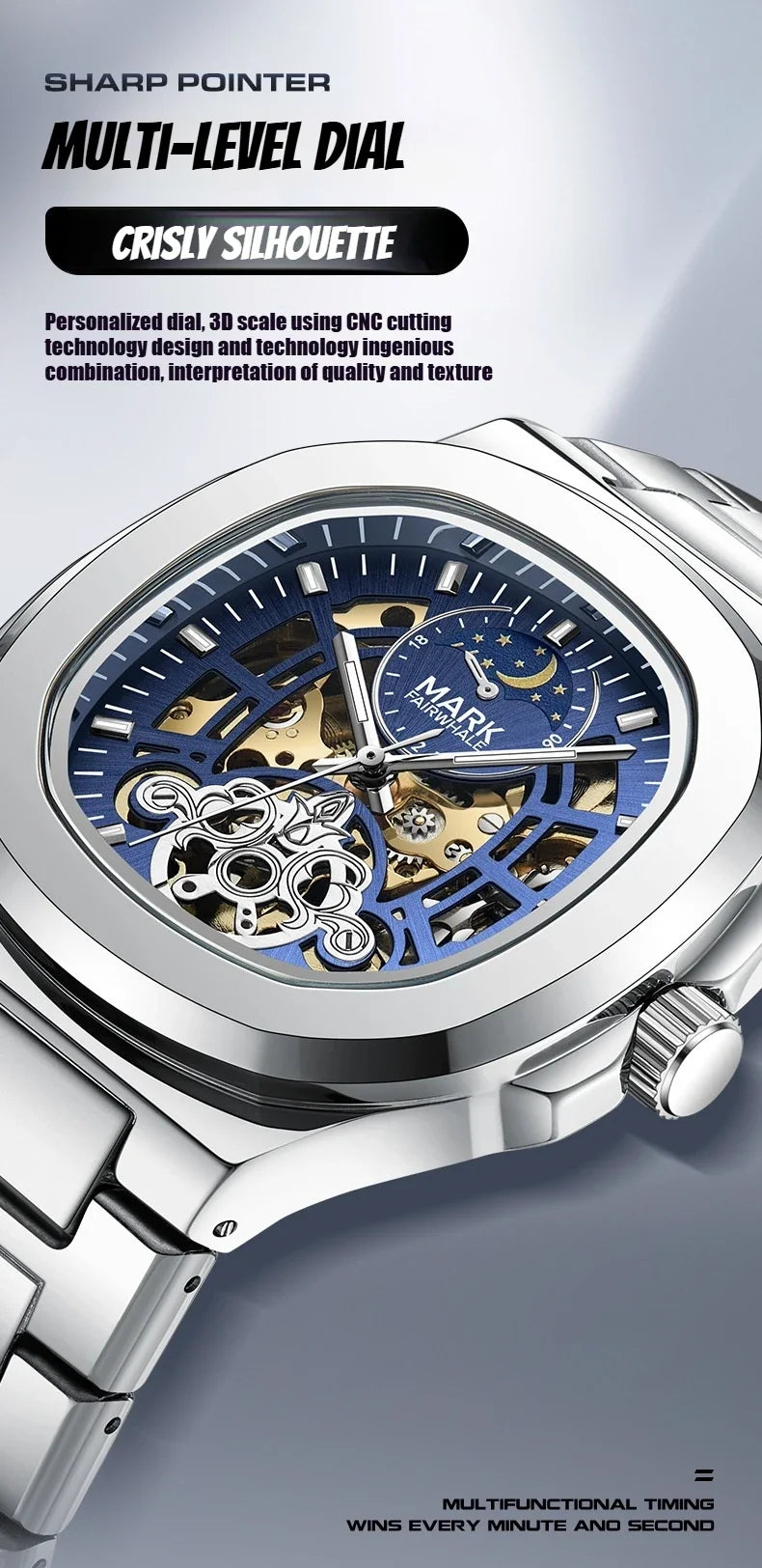 MARK FAIRWHALE Tourbillon Skeleton Automatic Watch – Luxury Business Timepiece with Moon Phase Display