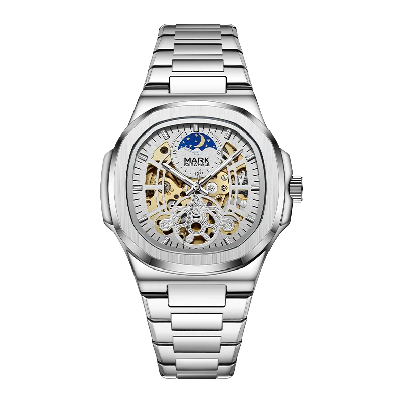 MARK FAIRWHALE Tourbillon Skeleton Automatic Watch – Luxury Business Timepiece with Moon Phase Display