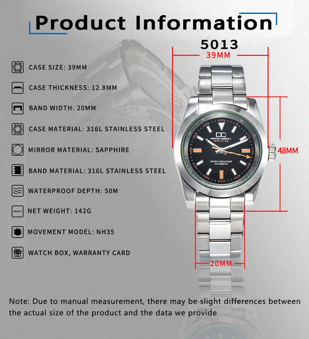 39mm Stainless Steel Watch Case with Sapphire Glass – Compatible with NH35 Movement | Green Luminous | Custom Logo Options