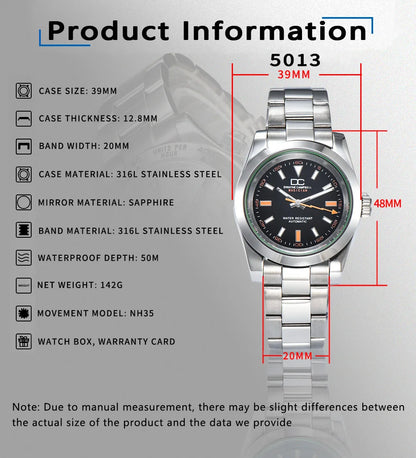 39mm Stainless Steel Watch Case with Sapphire Glass – Compatible with NH35 Movement | Green Luminous | Custom Logo Options