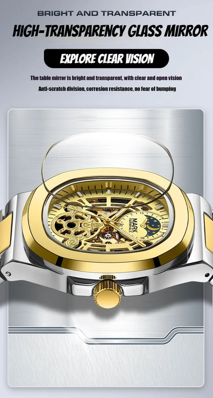 MARK FAIRWHALE Tourbillon Skeleton Automatic Watch – Luxury Business Timepiece with Moon Phase Display