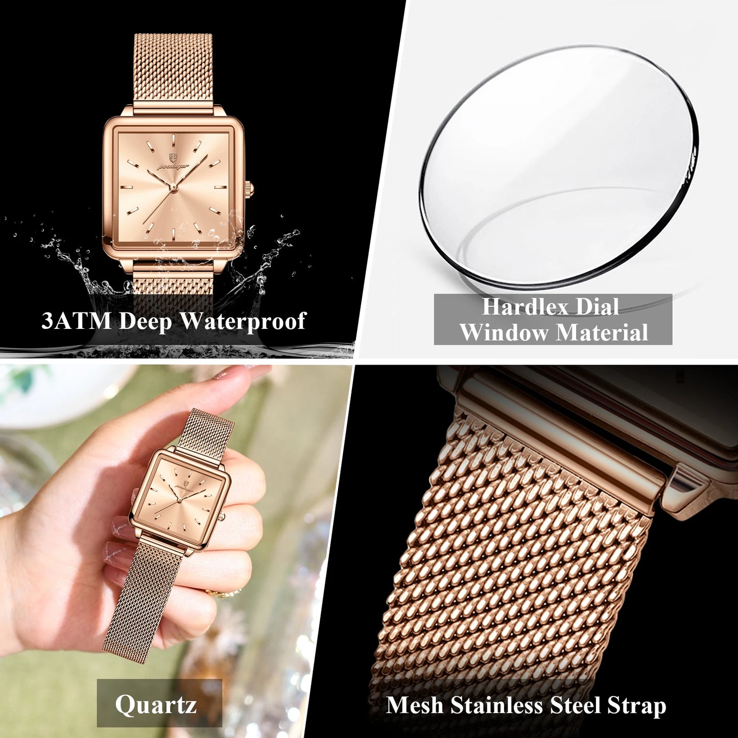 POEDAGAR Fashion Square Ladies Watch – Elegant Waterproof Stainless Steel Quartz Timepiece