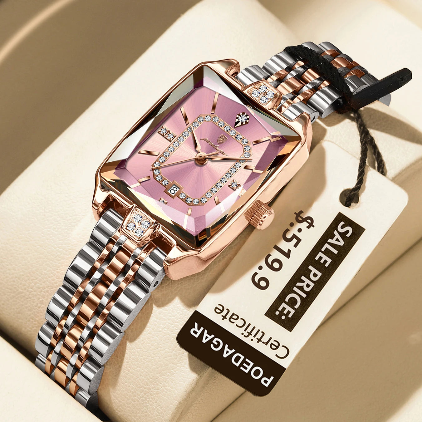 POEDAGAR Elegant Rectangle Women’s Quartz Watch – Waterproof Stainless Steel with Calendar Display
