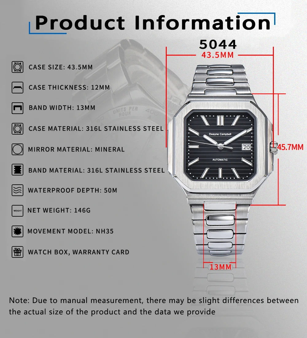 Dwayne Campbell Stainless Steel Watch Case – Designed for NH35 Movement with Sapphire Glass & Custom Logo Options