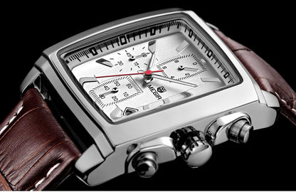 MEGIR 2 Men's Chronograph Quartz Watch – Rectangle Dial with Leather Strap for Everyday Elegance