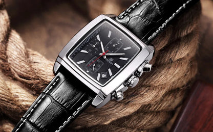 MEGIR 2 Men's Chronograph Quartz Watch – Rectangle Dial with Leather Strap for Everyday Elegance
